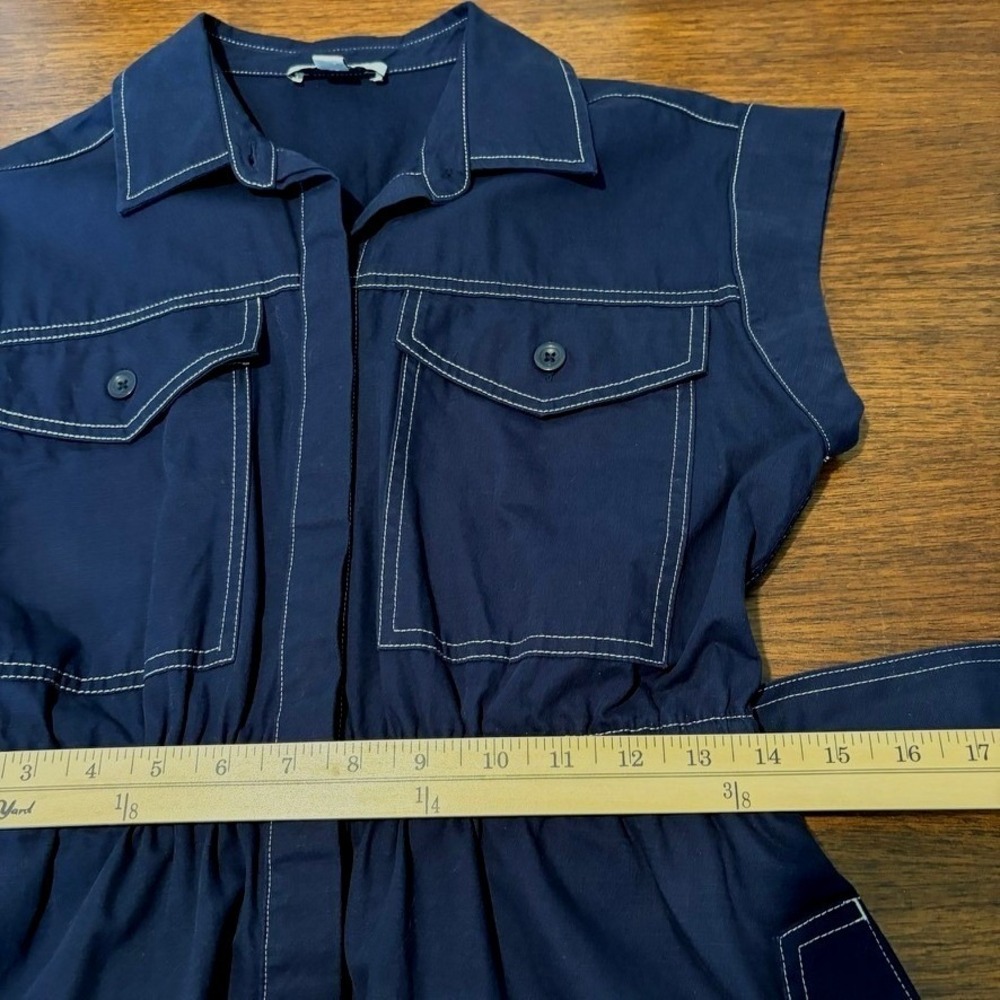 Women's Navy Blue Utility Midi Button Up Shirt Dress White Stitch Small Cotton - Picture 11 of 15
